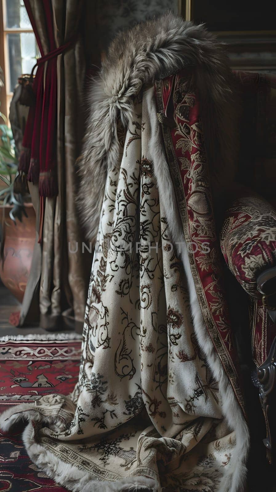 A plant sits on a wooden chair with a cozy blanket draping over it in a room overlooking the garden. The artfully designed house features twig flooring and formal wear displayed on the walls