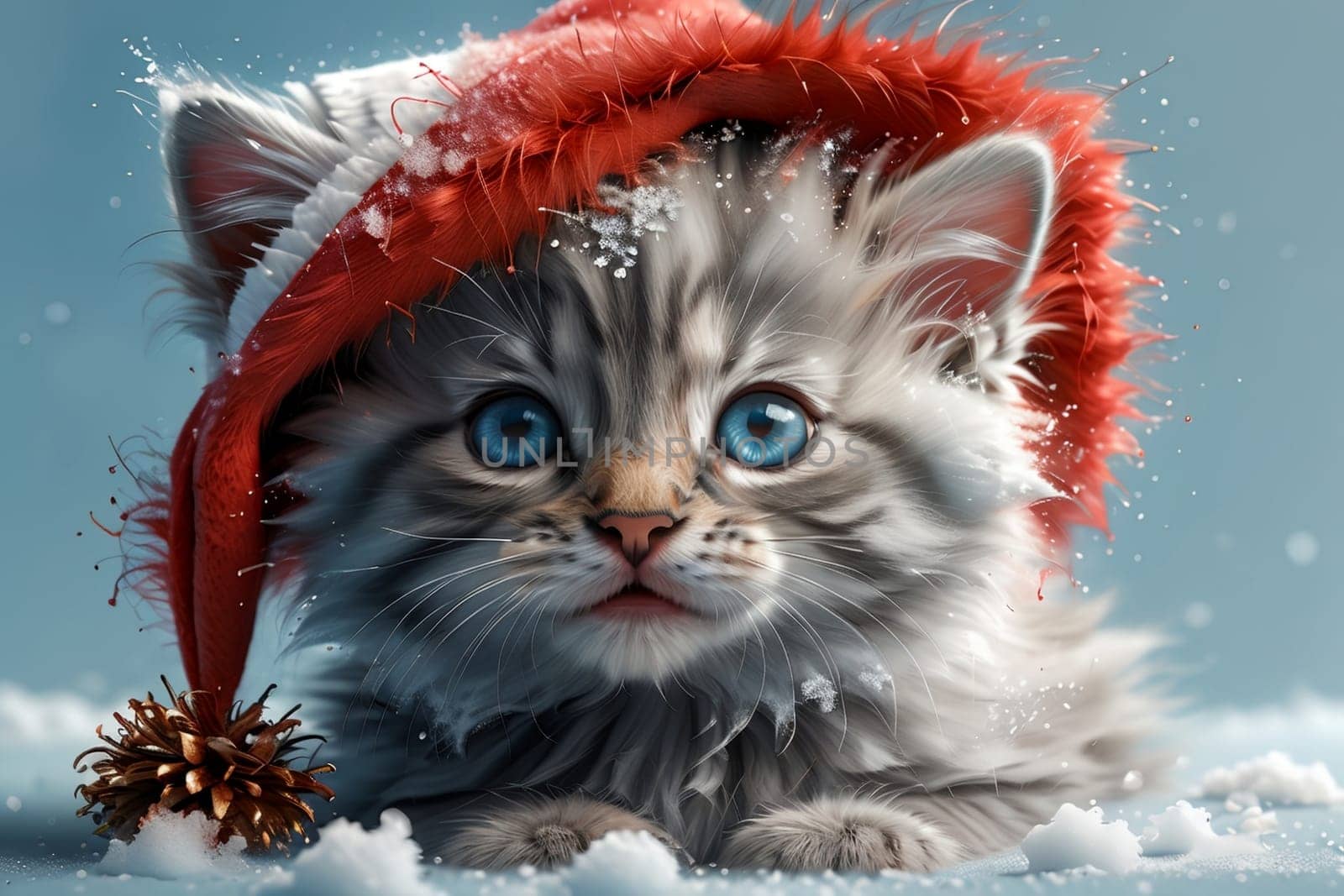 Cute kitten in a New Year's holiday hat in the snow, isolated on a blue background. New Year card .