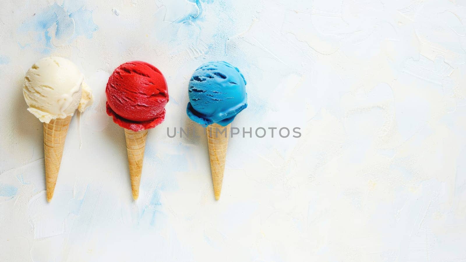 Red, white, and blue ice cream cones with American flag-themed wrappers on blue surface.