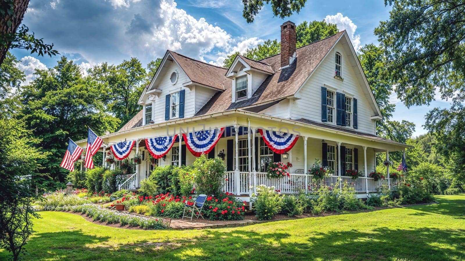 A quaint American house is festooned with patriotic bunting and flags, celebrating Independence Day in the summer.