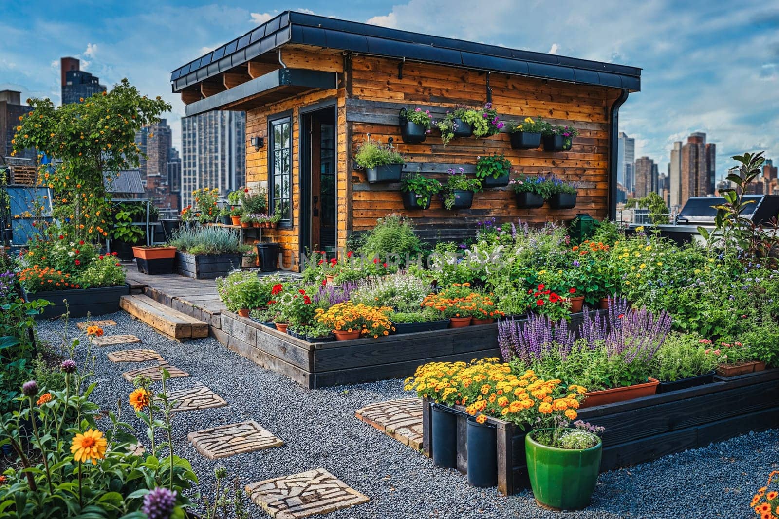 Urban rooftop garden with plants and flowers against the backdrop of a big city