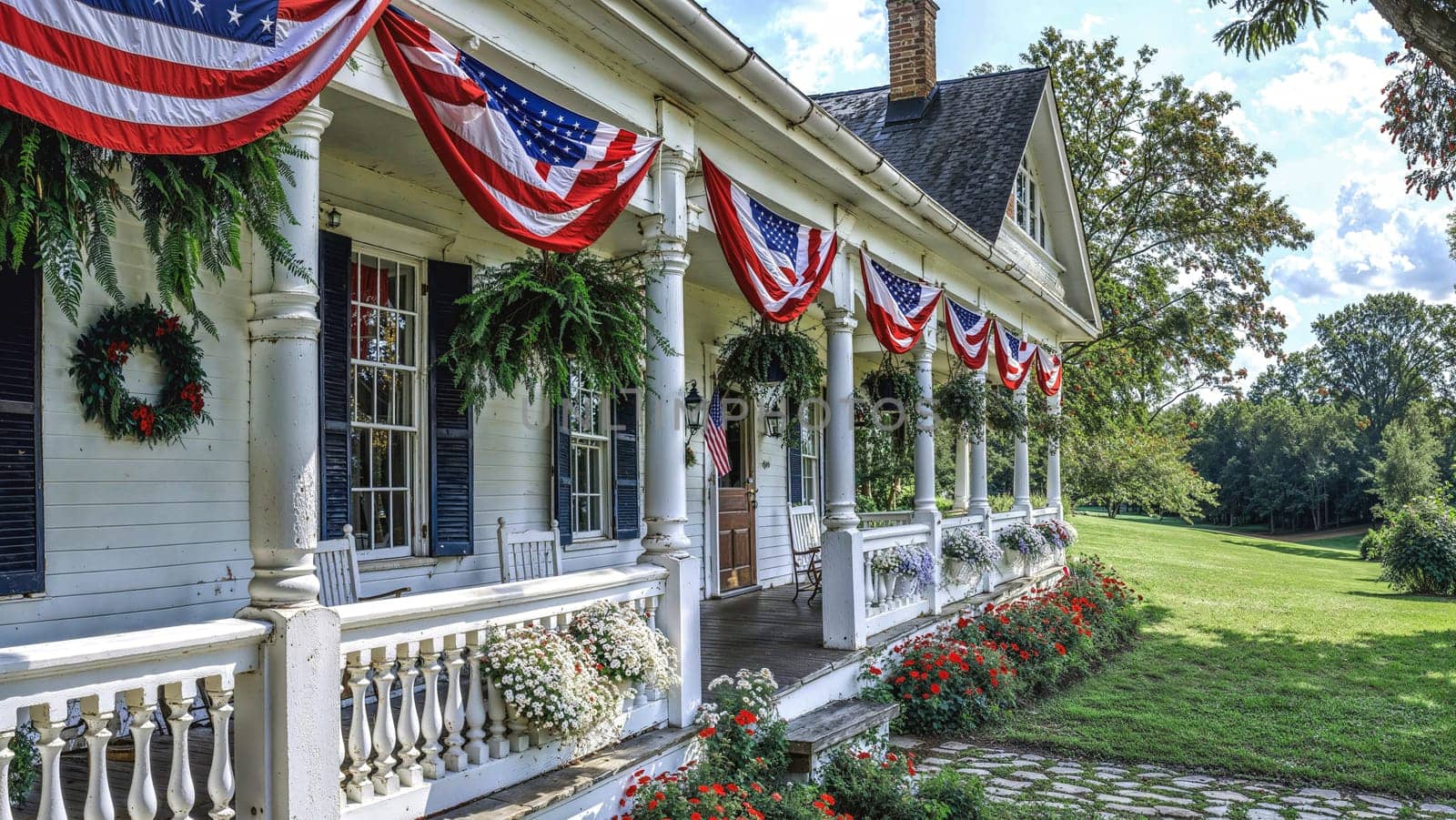 American house decorated for Independence Day with patriotic theme