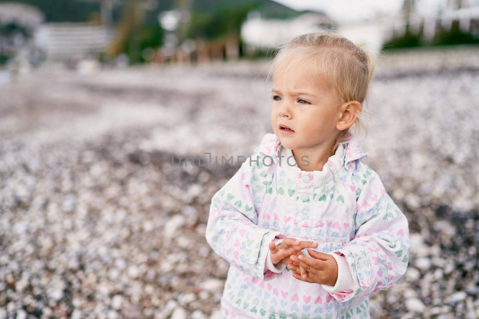 Little girl stands on a pebble beach and thoughtfully looks into the distance. High quality photo