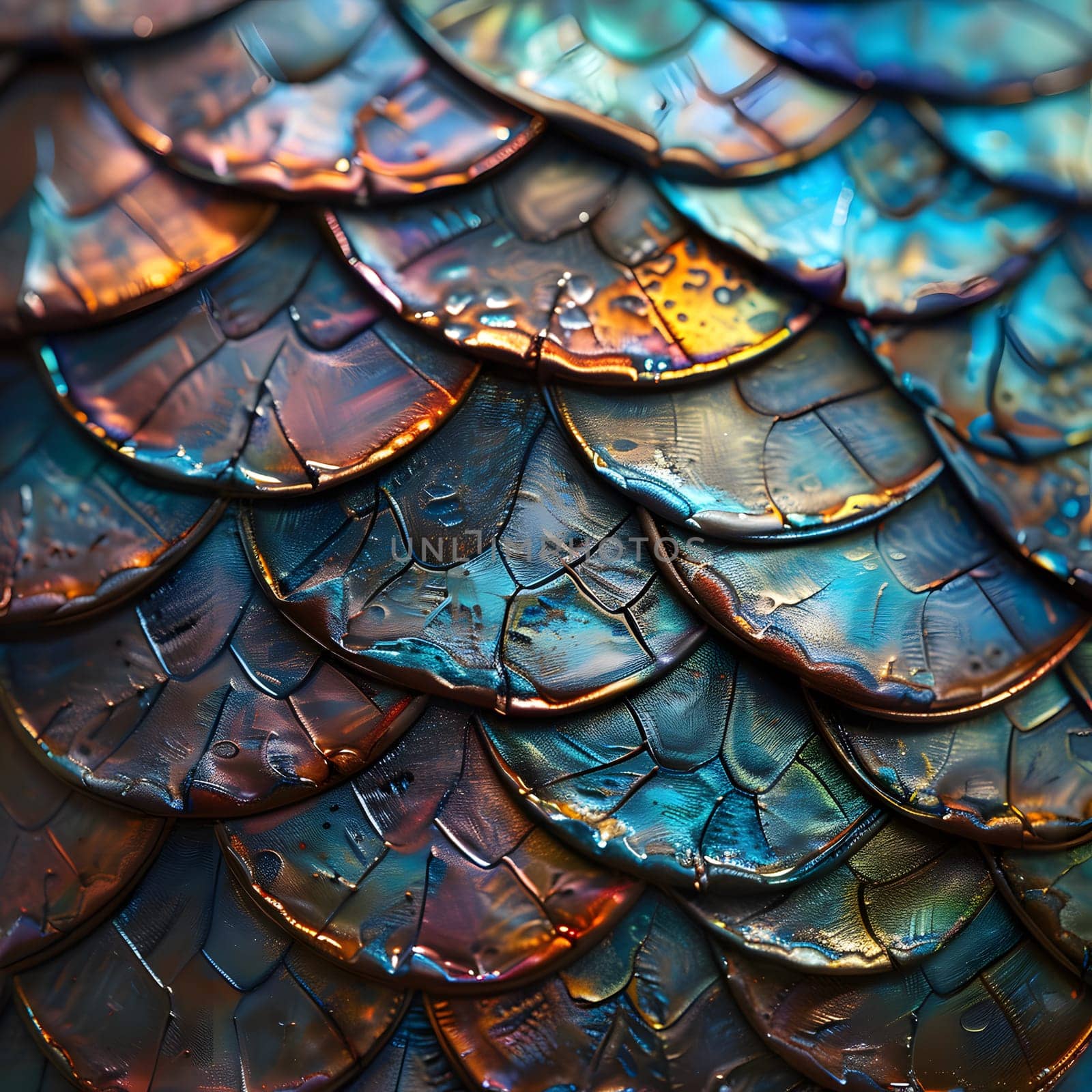 A stunning close up of a dragons scales reveals a mesmerizing pattern resembling tints and shades of liquid rainbow colors, like an electric blue glass artwork