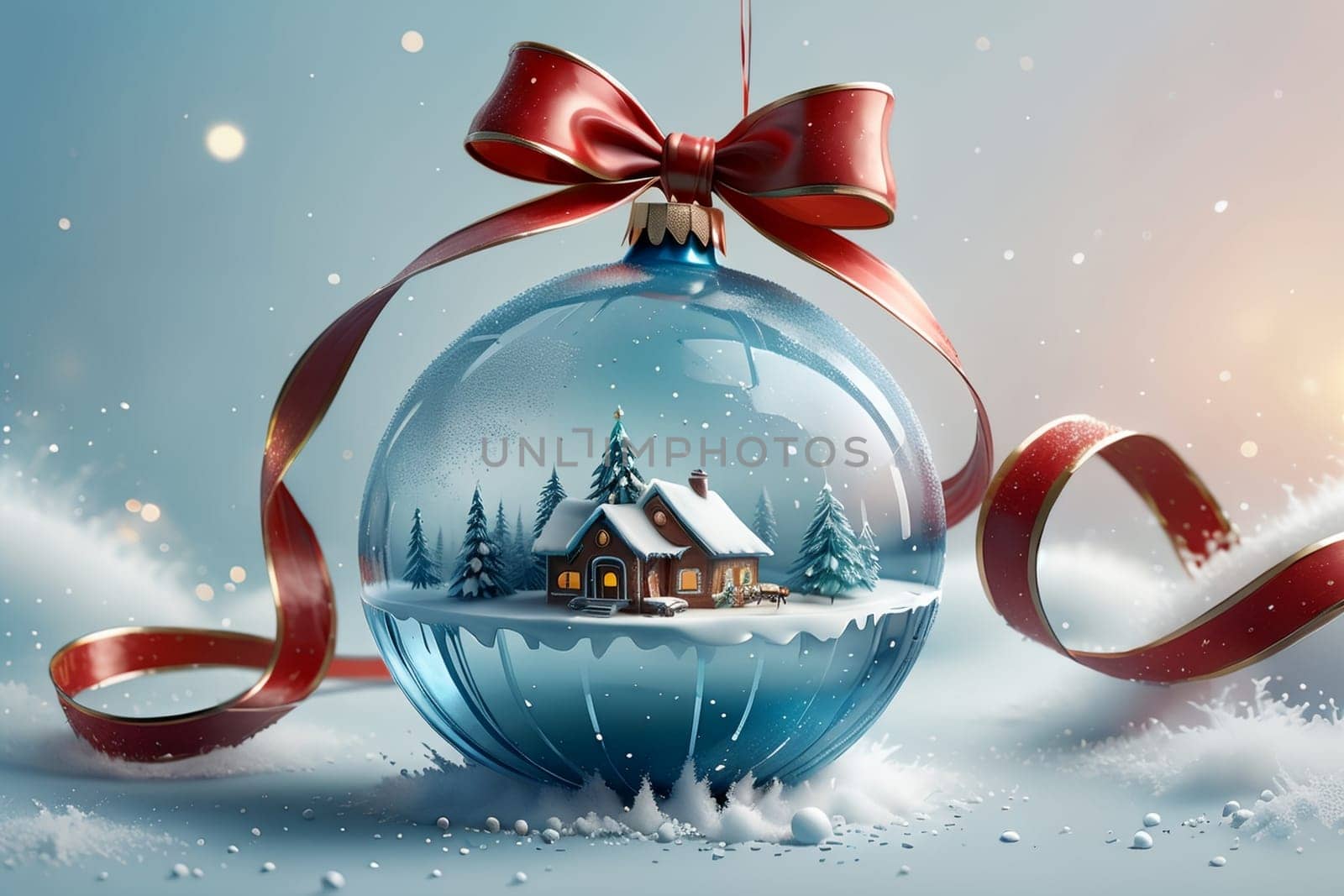 New Year's festive ball in the snow, isolated on a blue background. New Year card .