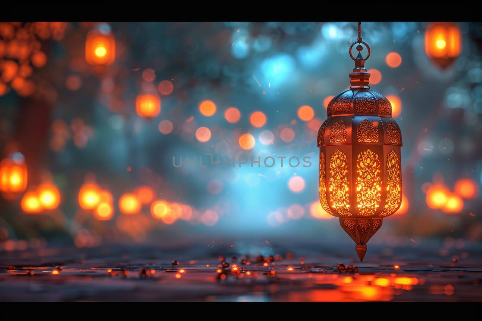 Muslim Arabian Lantern is lighting at night. Beautiful Lanterns Outdoors Background. Blurred Bokeh Lights Wallpaper. by iliris