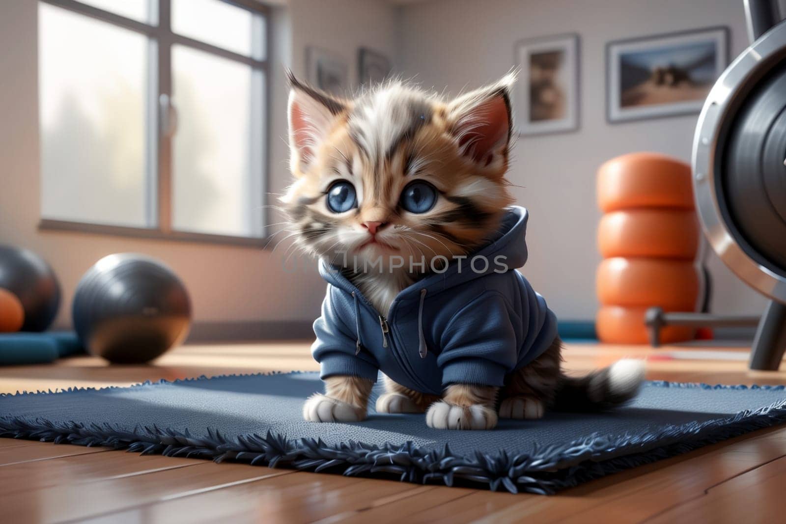 cute Ragdoll cat doing fitness in the gym .