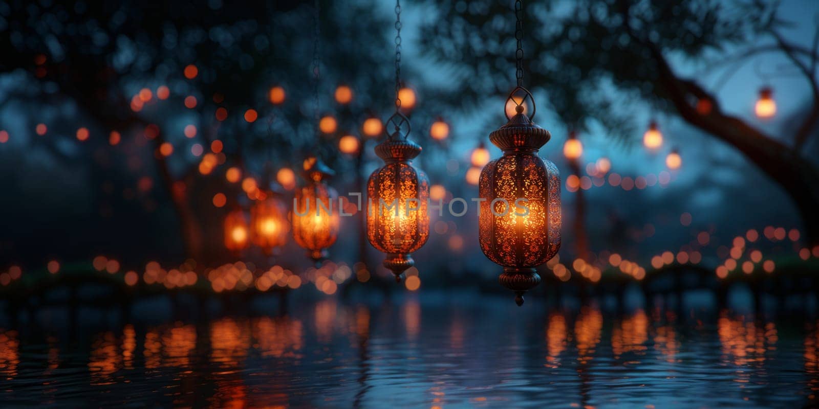 Muslim Arabian Lantern is lighting at night. Beautiful Lanterns Outdoors Background. Blurred Bokeh Lights Wallpaper. Ai generated