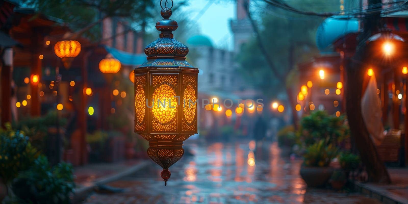 Muslim Arabian Lantern is lighting at night. Beautiful Lanterns Outdoors Background. Blurred Bokeh Lights Wallpaper. by iliris