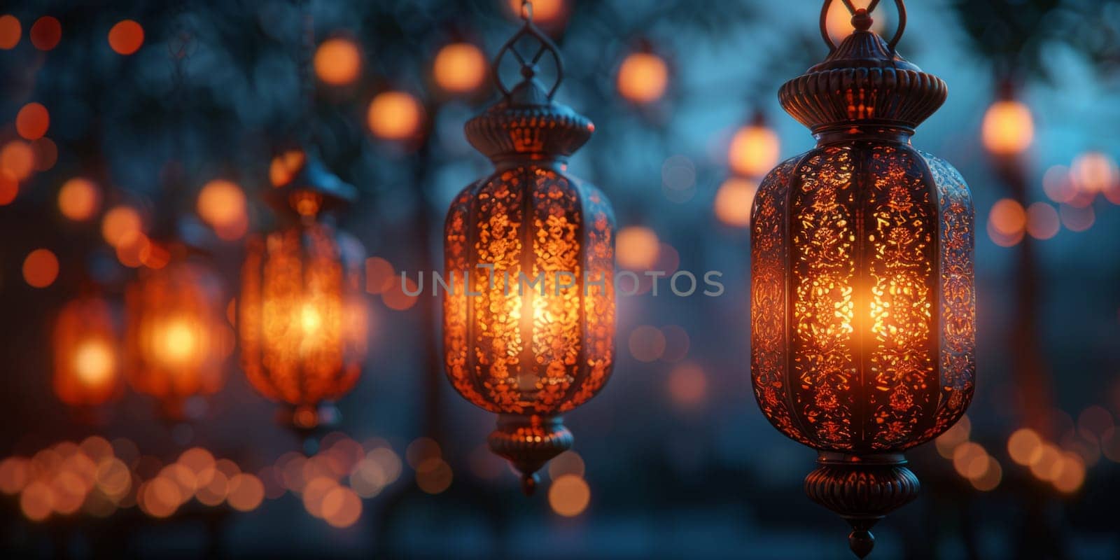 Muslim Arabian Lantern is lighting at night. Beautiful Lanterns Outdoors Background. Blurred Bokeh Lights Wallpaper. Ai generated