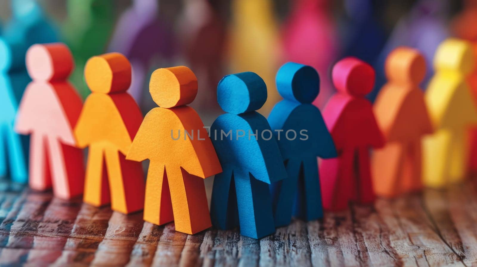 Colorful wooden people standing in a row on a wooden table. Rainbow People Figures Representing Diversity and Communication Concept. Teamwork and Collaboration. Ai generated