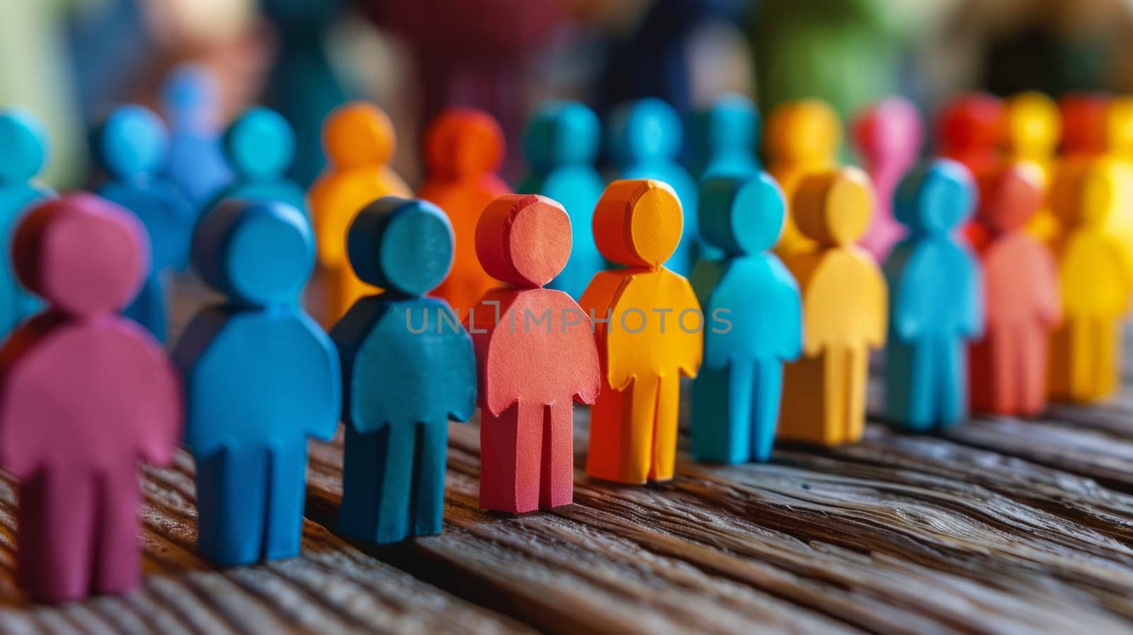 Colorful wooden people standing in a row on a wooden table. Rainbow People Figures Representing Diversity and Communication Concept. Teamwork and Collaboration. Ai generated