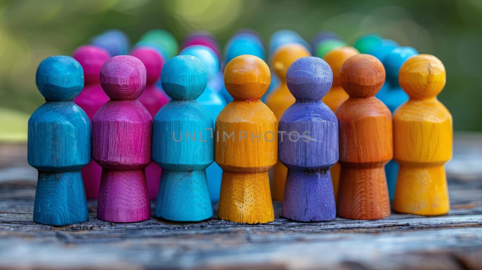 Colorful wooden people standing in a row on a wooden table. Rainbow People Figures Representing Diversity and Communication Concept. Teamwork and Collaboration. Ai generated