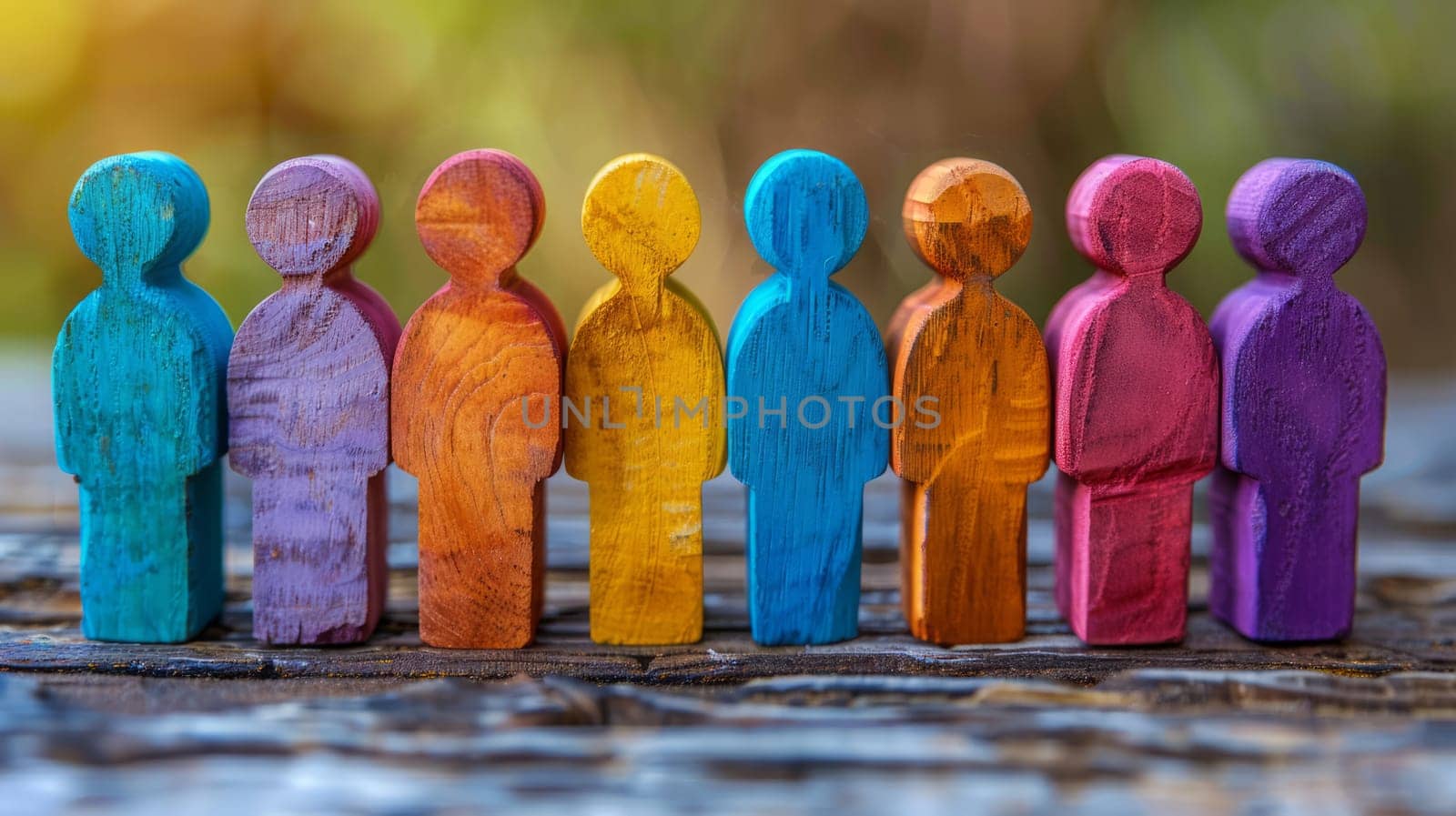Colorful wooden people standing in a row on a wooden table. Rainbow People Figures Representing Diversity and Communication Concept. Teamwork and Collaboration. Ai generated