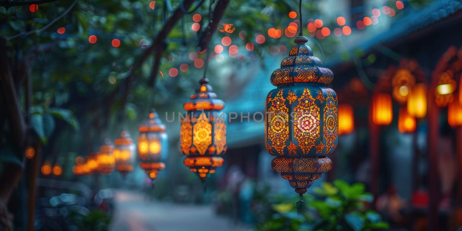 Muslim Arabian Lantern is lighting at night. Beautiful Lanterns Outdoors Background. Blurred Bokeh Lights Wallpaper. by iliris