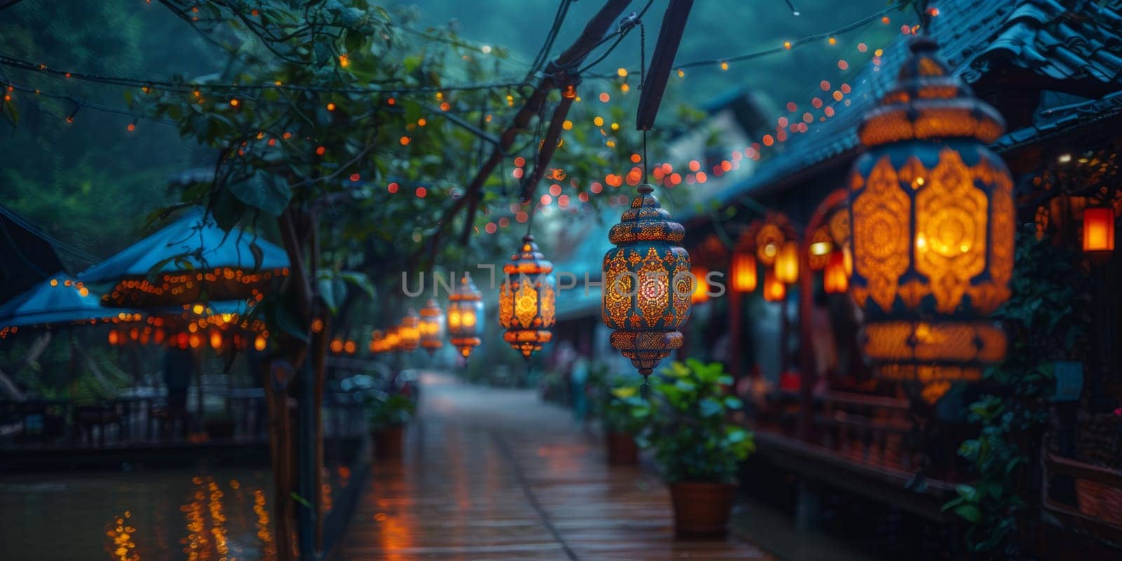 Muslim Arabian Lantern is lighting at night. Beautiful Lanterns Outdoors Background. Blurred Bokeh Lights Wallpaper. Ai generated