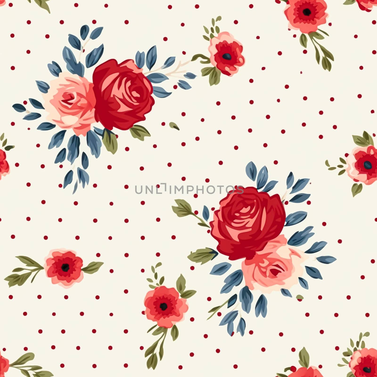 Seamless pattern, tileable floral country holiday print with roses, dots and flowers for wallpaper, wrapping paper, scrapbook, fabric and polka dot roses product design idea