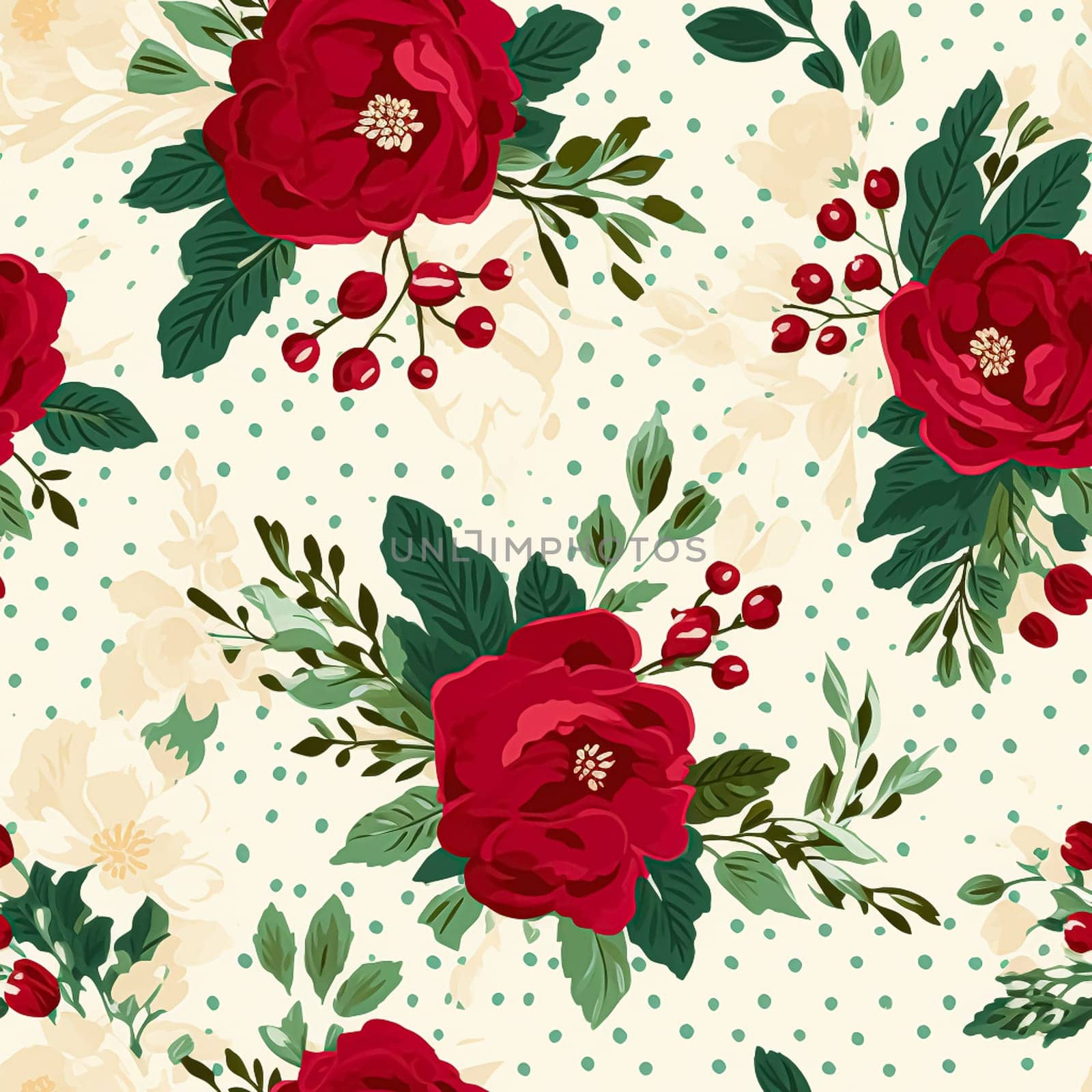 Seamless pattern, tileable Christmas holiday floral, country flowers dots print, English countryside roses for wallpaper, wrapping paper, scrapbook, fabric and product design motif