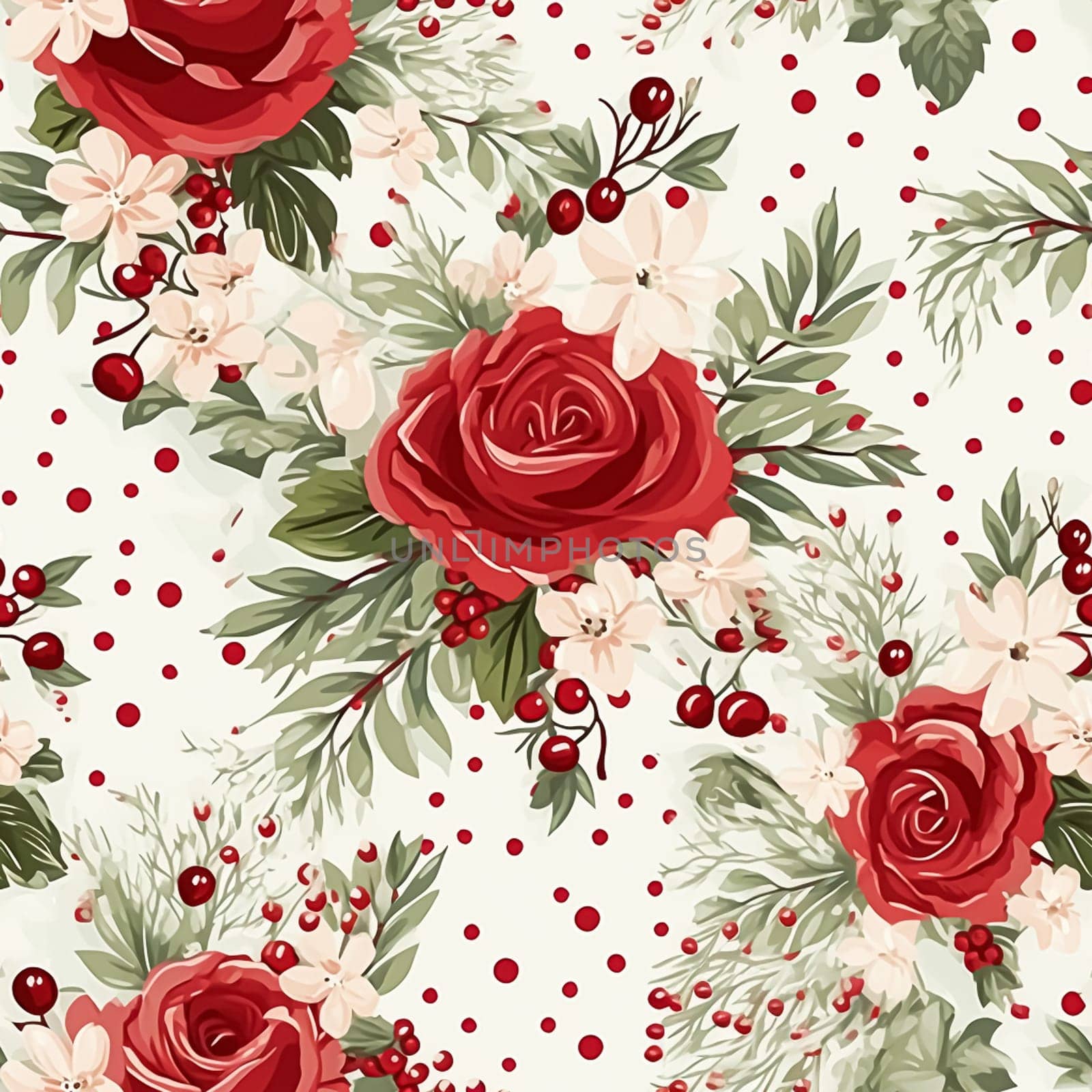 Seamless pattern, tileable Christmas holiday floral, country flowers dots print, English countryside roses for wallpaper, wrapping paper, scrapbook, fabric and product design motif