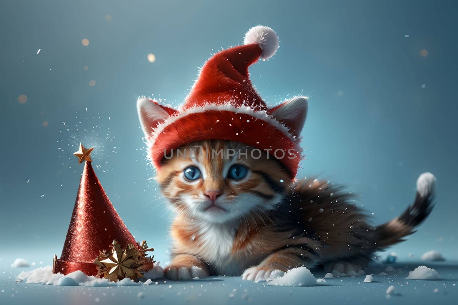 Cute kitten in a New Year's holiday hat in the snow, isolated on a blue background. New Year card .