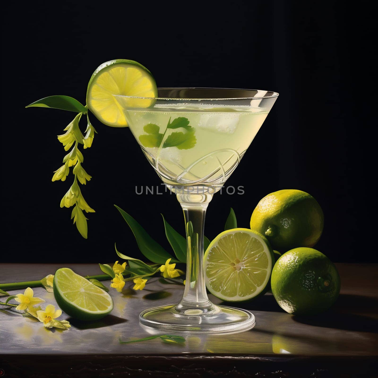 Cocktail Day with Lemon, Lemon Lime and Mint Leaves. Coctail Day with Fruits on Black Background.