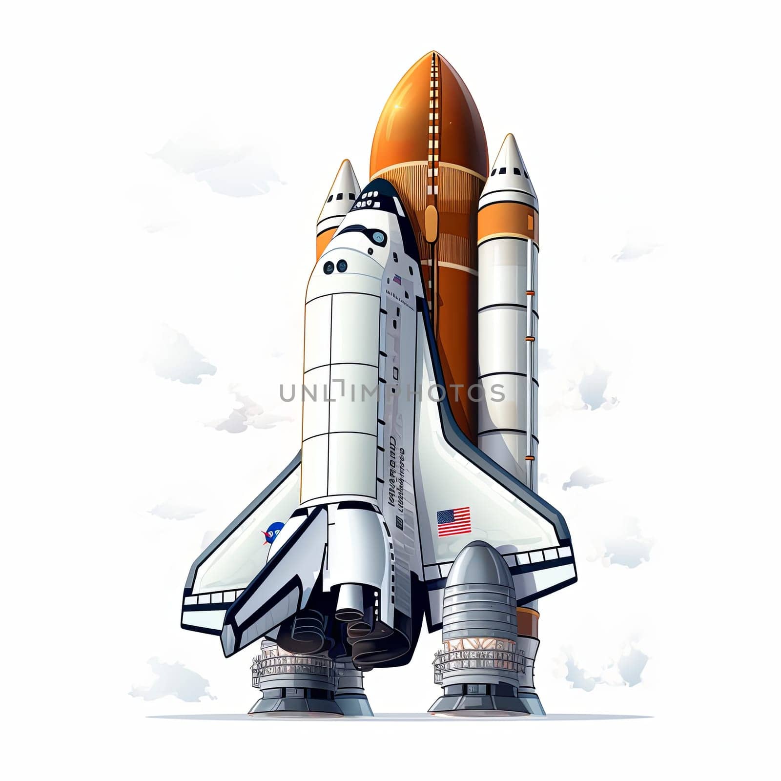 Space Shuttle and Rocket Isolated on White Background. Space Mission Spaceship Getting Ready to Launch.