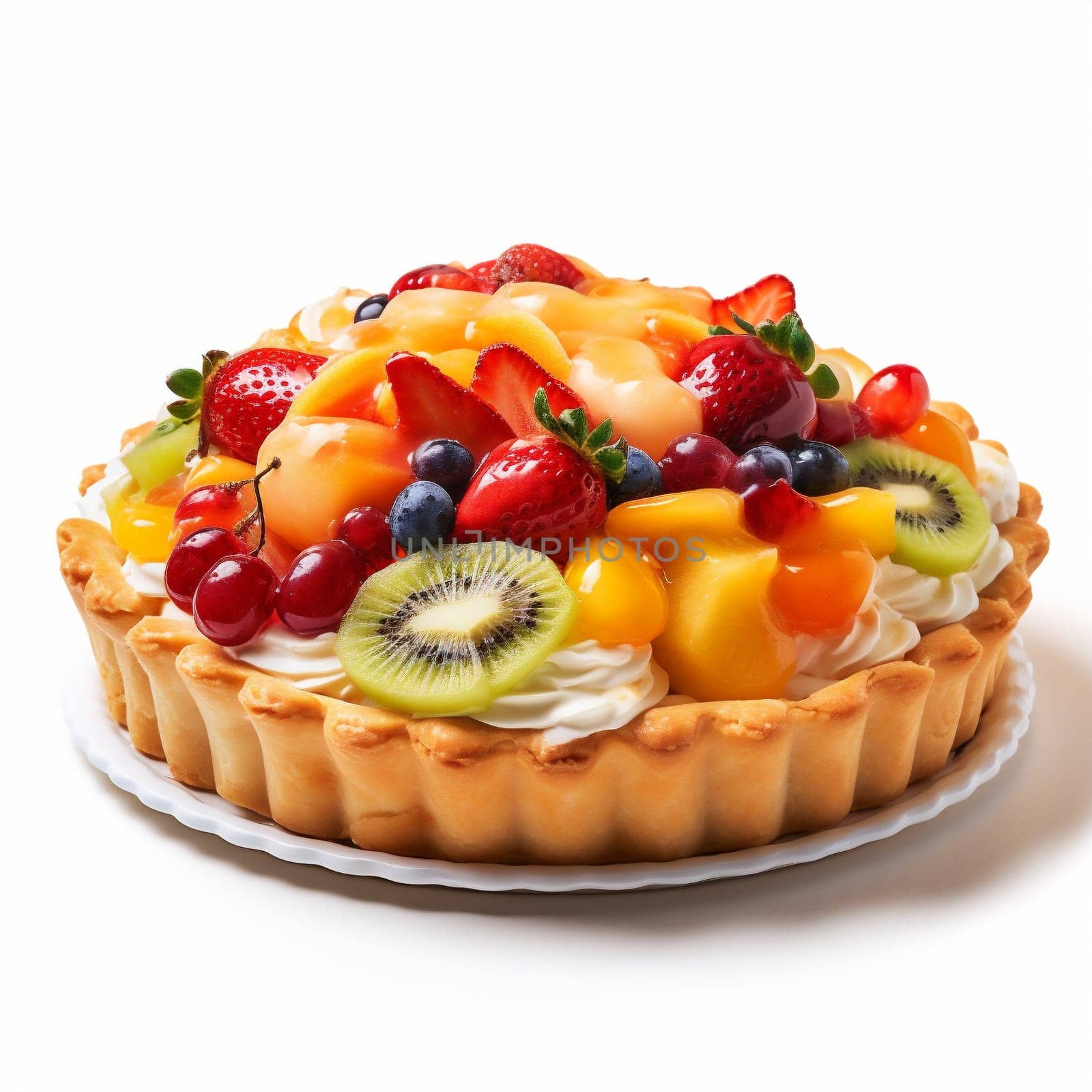 Tasty Fruit Pie on White Background. Fruit Tart with Fresh Fruits and Berries, Strawberry, Blueberry, Peach, Kiwi, Raspberry, Lingonberry, Red Currant, Black Currant.