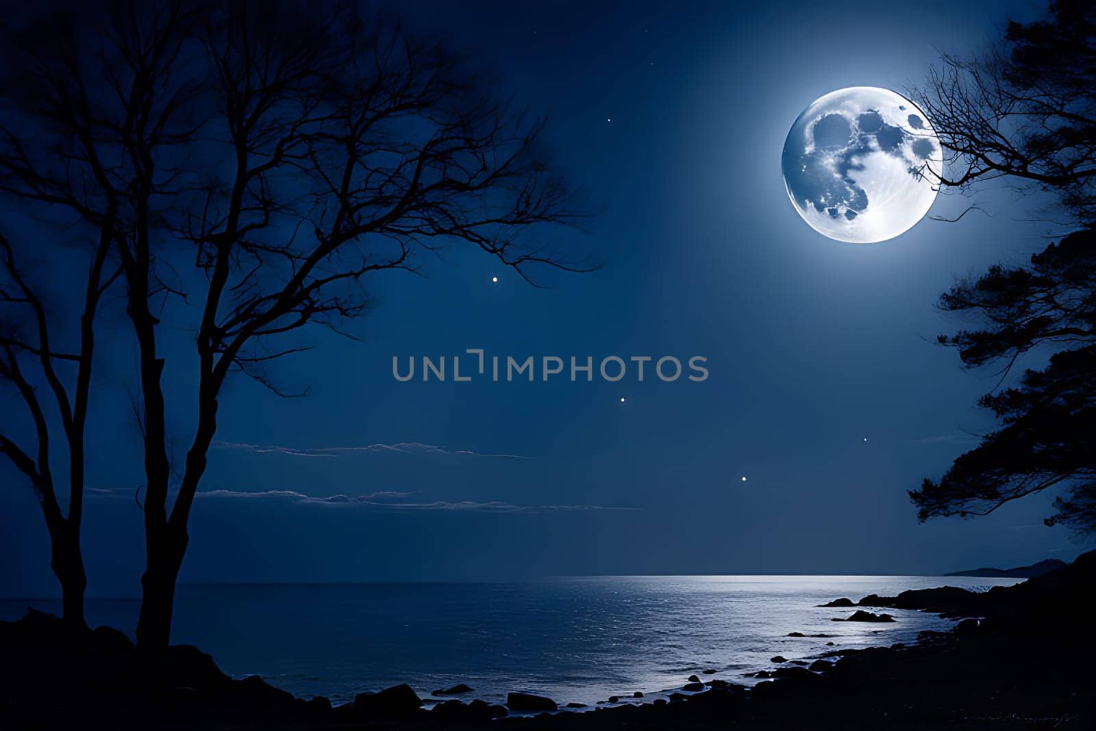 The full moon is shining brightly in the night sky, casting a luminous reflection on the calm body of water below. The scene is serene, with the moons light dancing gently on the rippling surface.