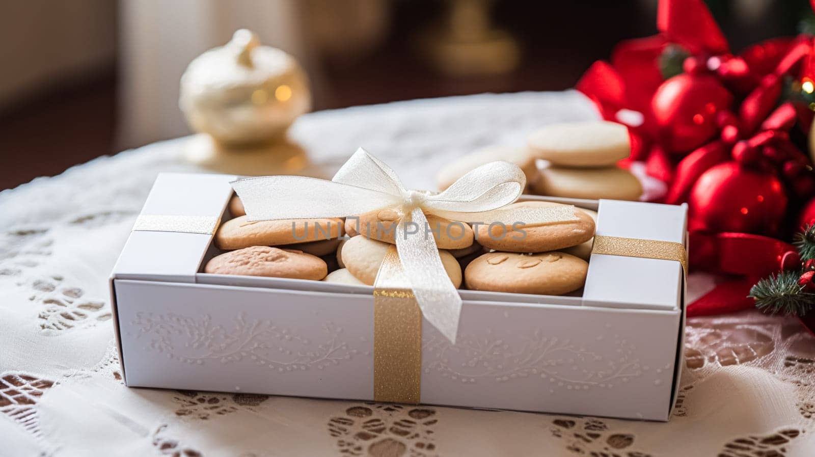 Christmas biscuits, holiday biscuit gift box and home bakes, winter holidays present for English country tea in the cottage, homemade shortbread and baking recipe inspiration