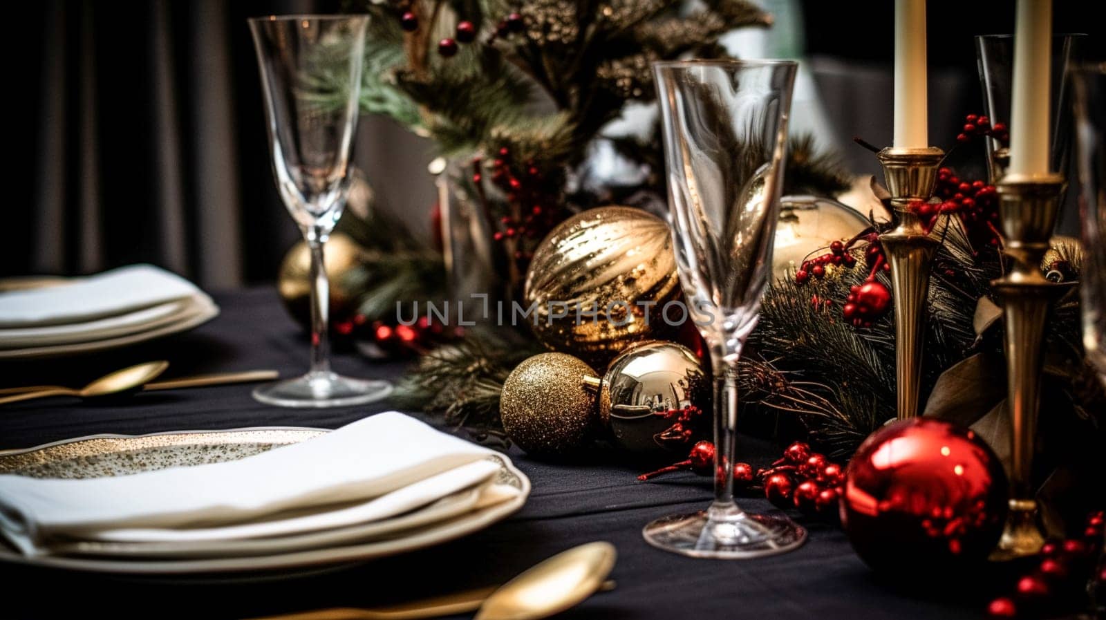 Christmas table decor, holiday tablescape and dinner table setting, formal event decoration for New Year, family celebration, English country and home styling inspiration