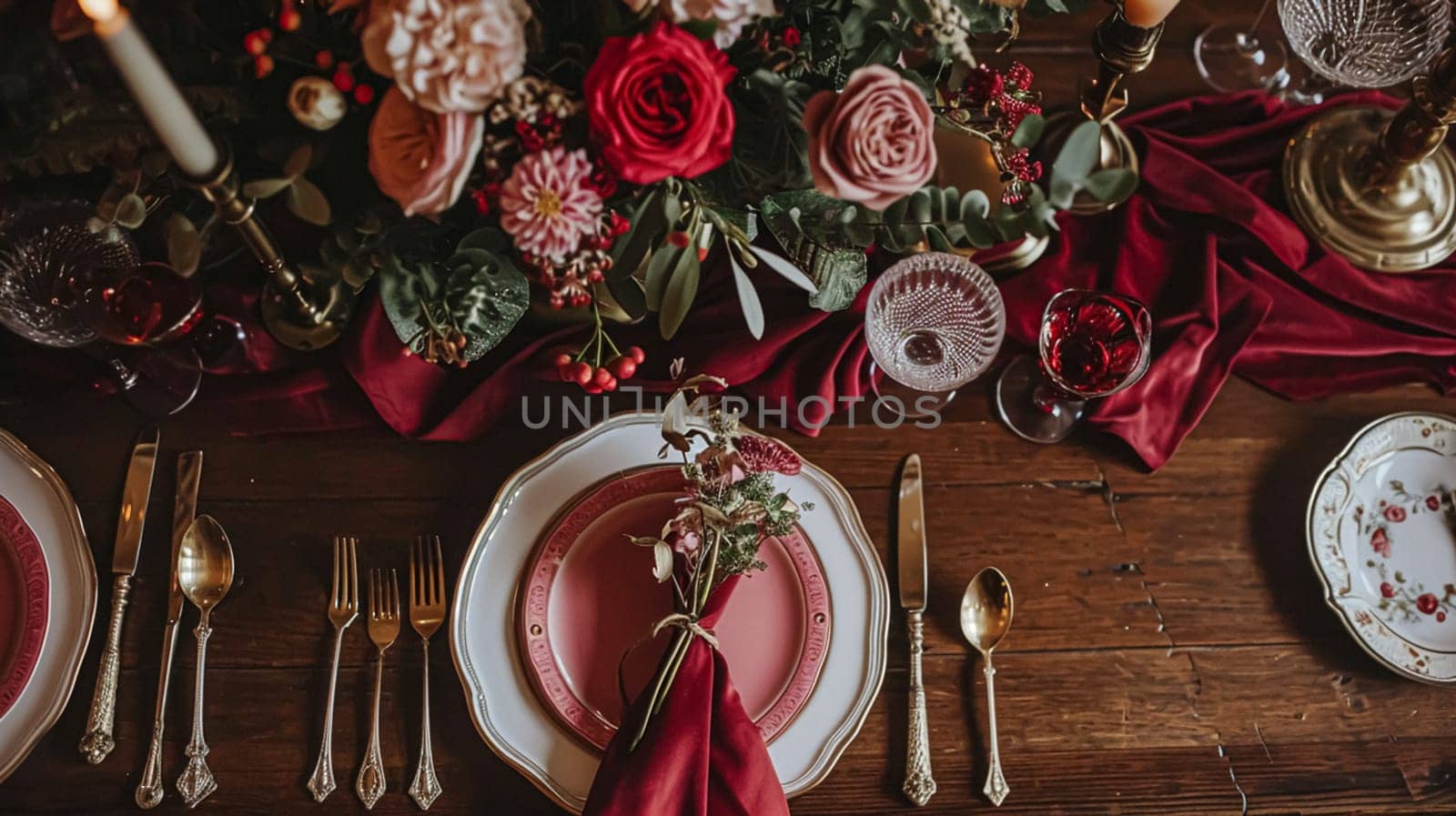 Valentines day tablescape and table decor, romantic table setting with flowers, formal dinner and date, beautiful cutlery and tableware design