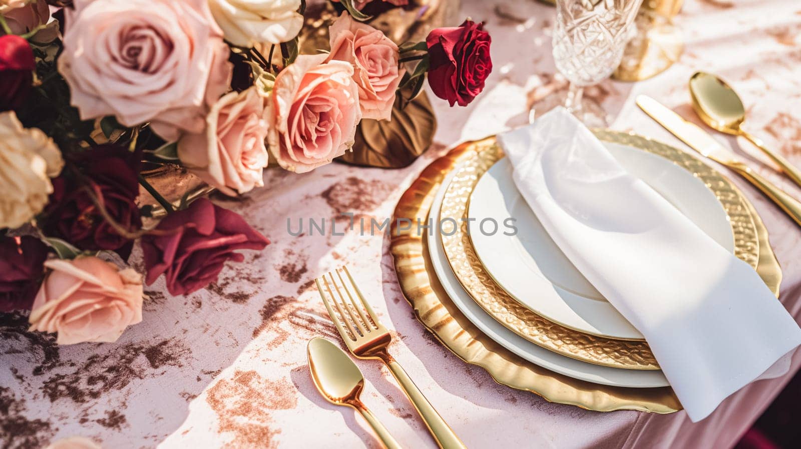 Wedding and event celebration tablescape with flowers, formal dinner table setting with roses and wine, elegant floral table decor for dinner party and holiday decoration, home styling idea