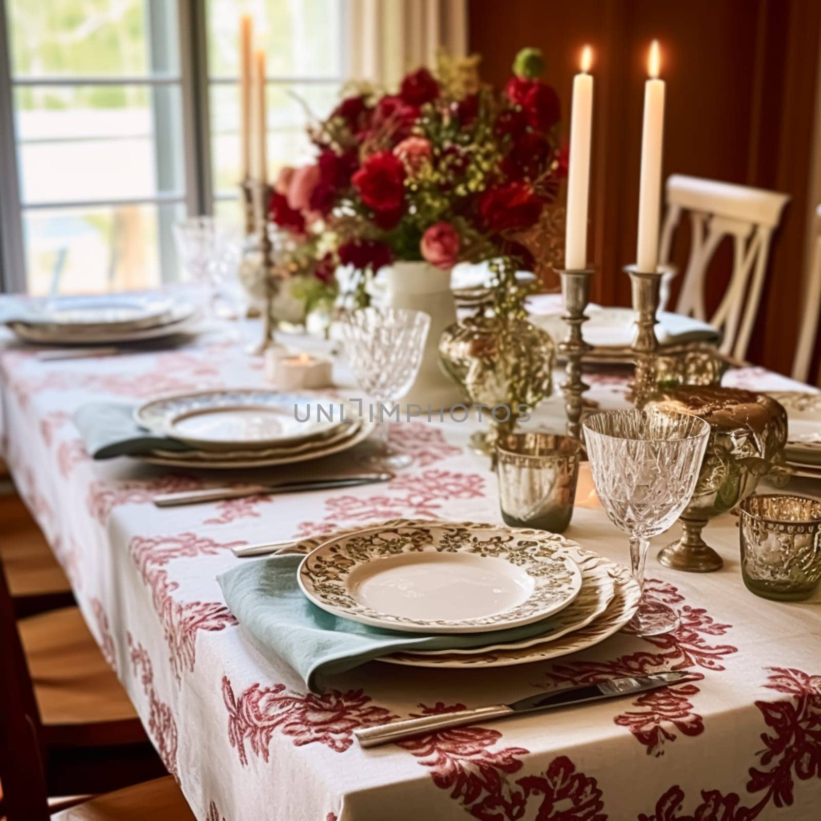 Autumnal holiday tablescape, formal dinner table setting, classic festive table scape with decoration for wedding party and event celebration, post-processed, generative ai