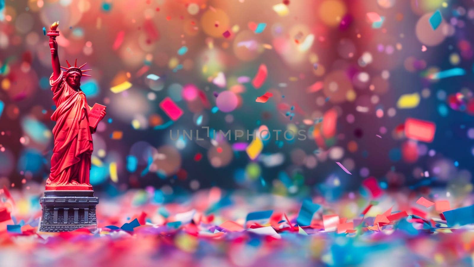 A small Statue of Liberty stands on red glitter as colorful fireworks burst in the blurred background.