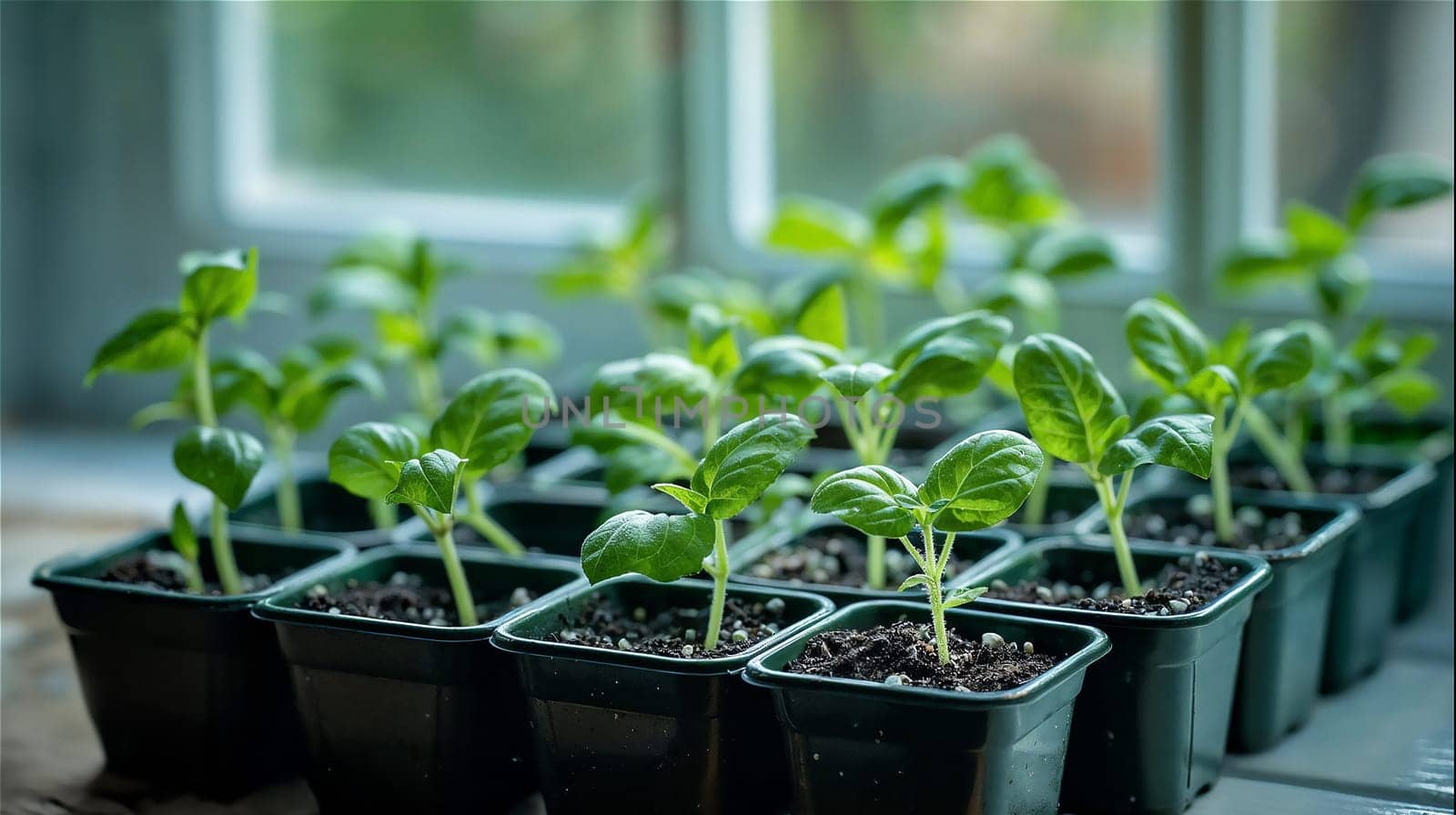 Group of basil seedlings in black pots by window.