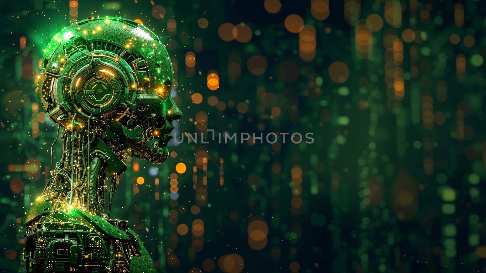 AI robot head, with detailed cyberpunk backdrop in green