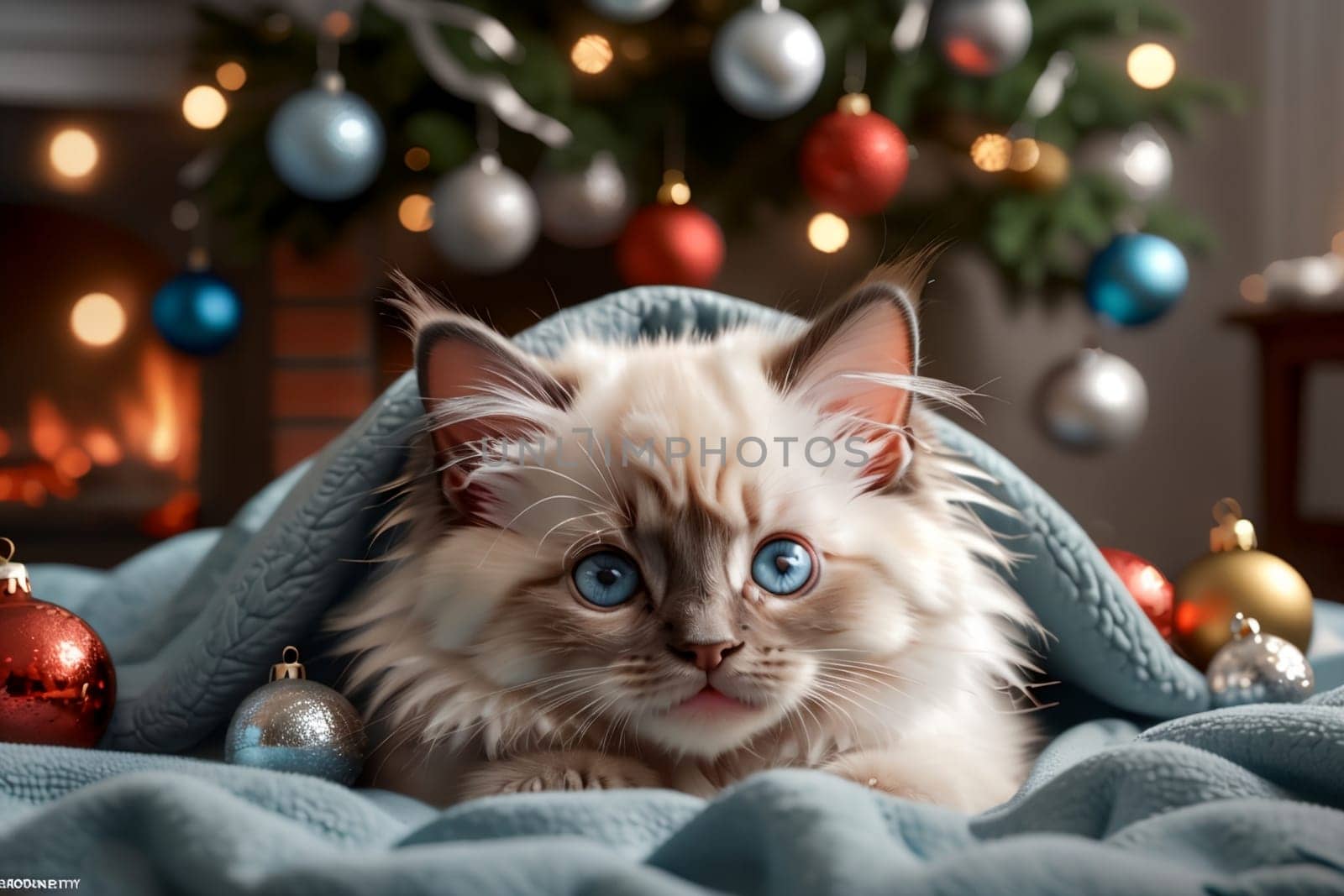 Beautiful young kitten Ragdoll lies in bed against the background of the New Year tree .