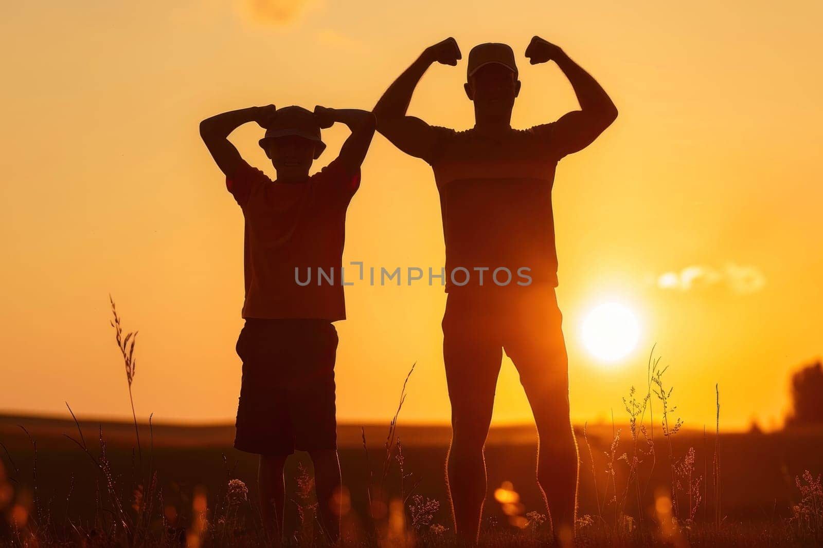 Father and son enjoying the beautiful sunset together, family bonding time in nature, generations at peace