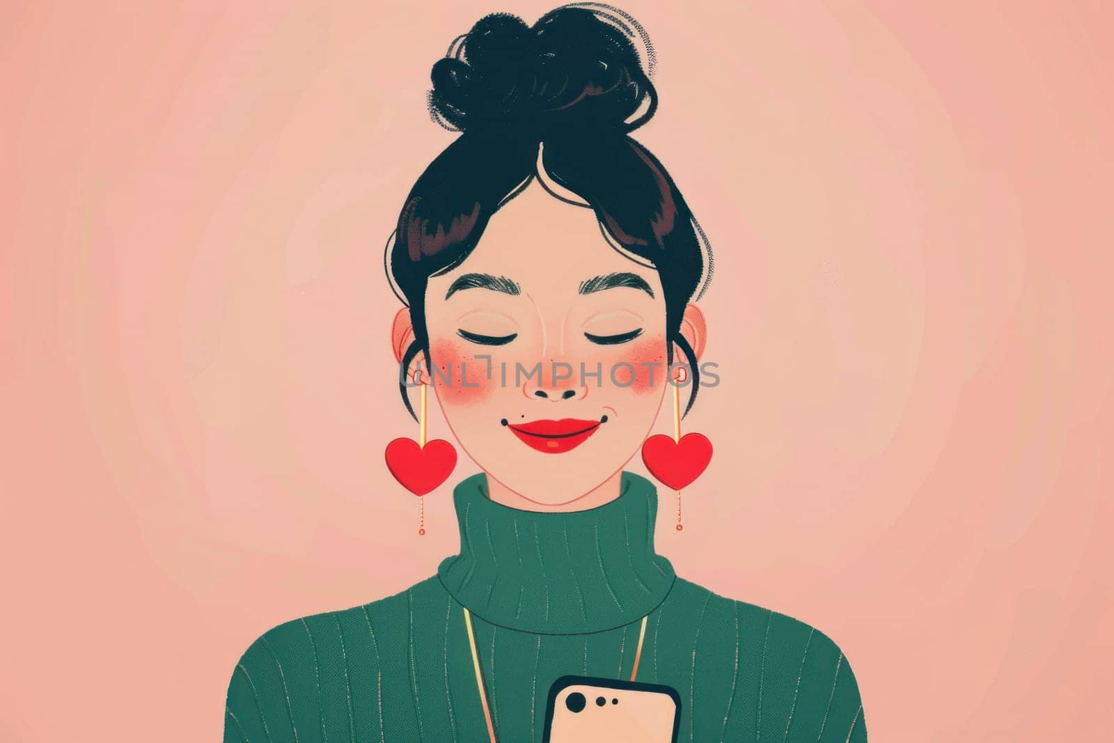 Fashionable woman with red heart earring holding cell phone, beauty and technology concept