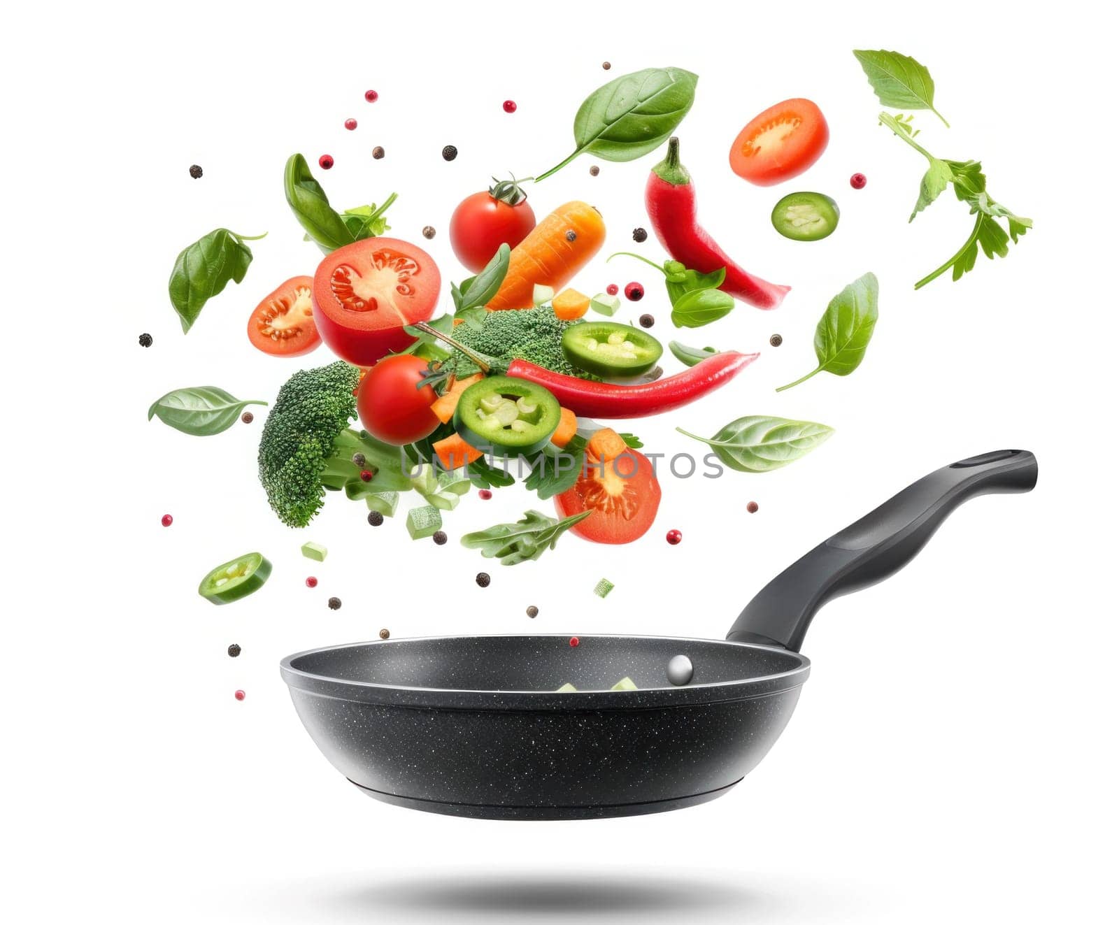 Frying pan vegetables flying out on white background, isolated organic food concept for healthy cooking and nutrition