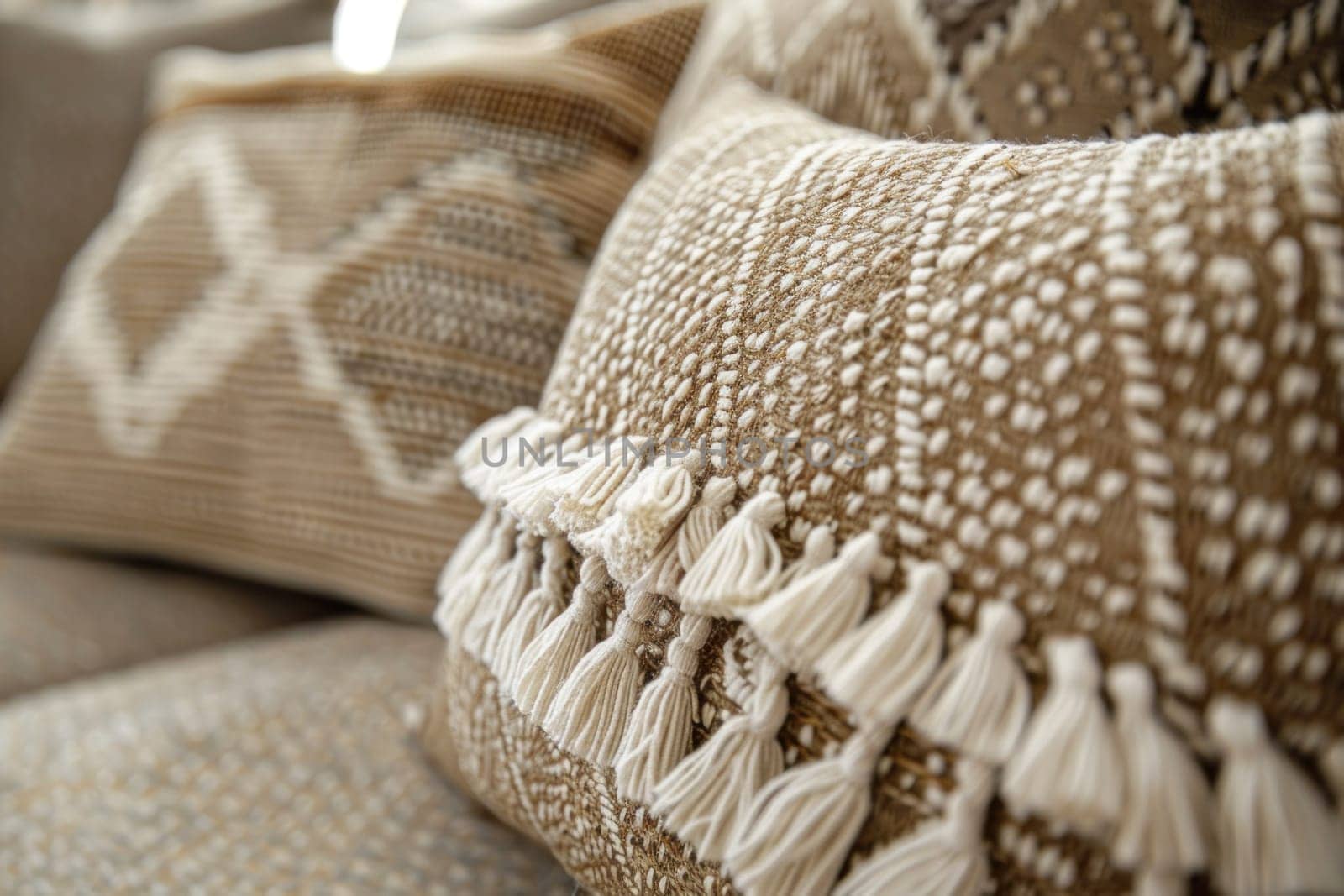 Decorative pillows with tassels and fringe in close up view for home interior design inspiration