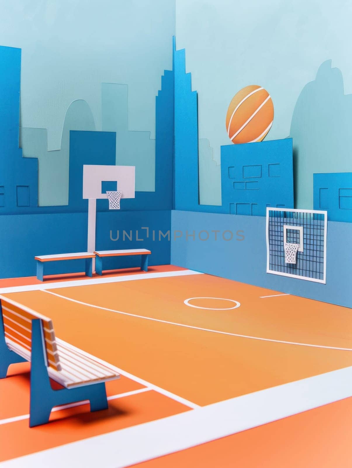 Basketball court scene with bench and ball, sports and recreation theme for design and advertising
