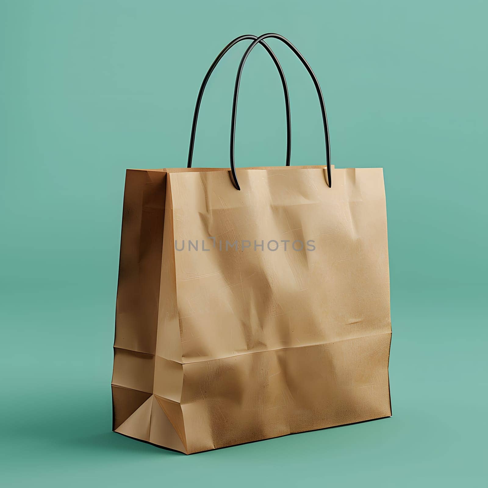 A stylish rectangle beige paper bag with black handles is resting on a green surface, showcasing its creative arts design as a fashion accessory