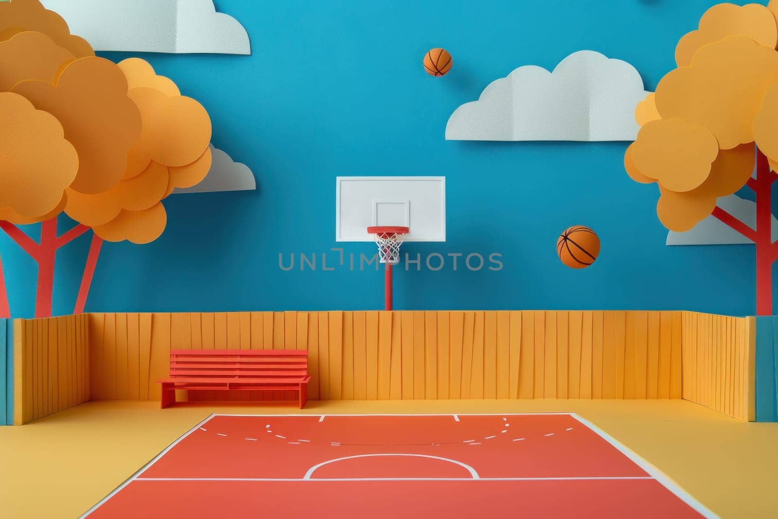 Scenic basketball court with treelined bench and blue wall decorated with paper cutouts of trees