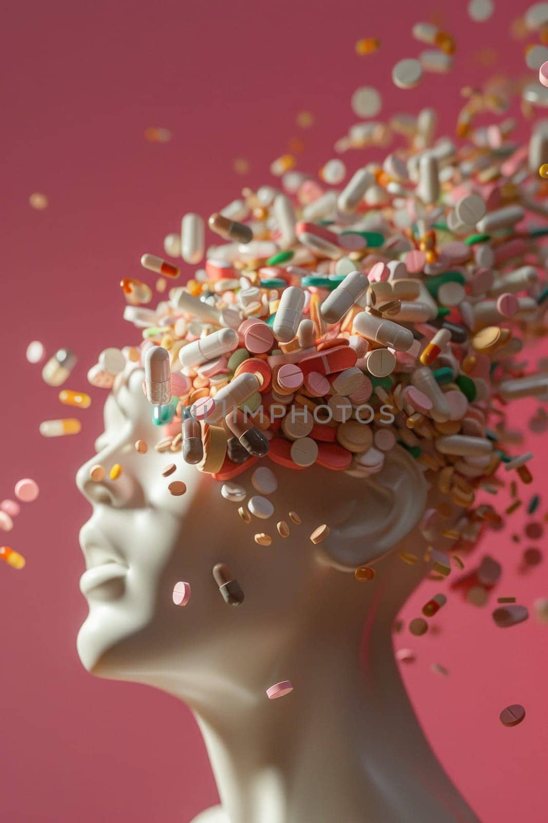 Mental health and medication woman's head with pills exploding outward in conceptual image of medical treatment and therapy