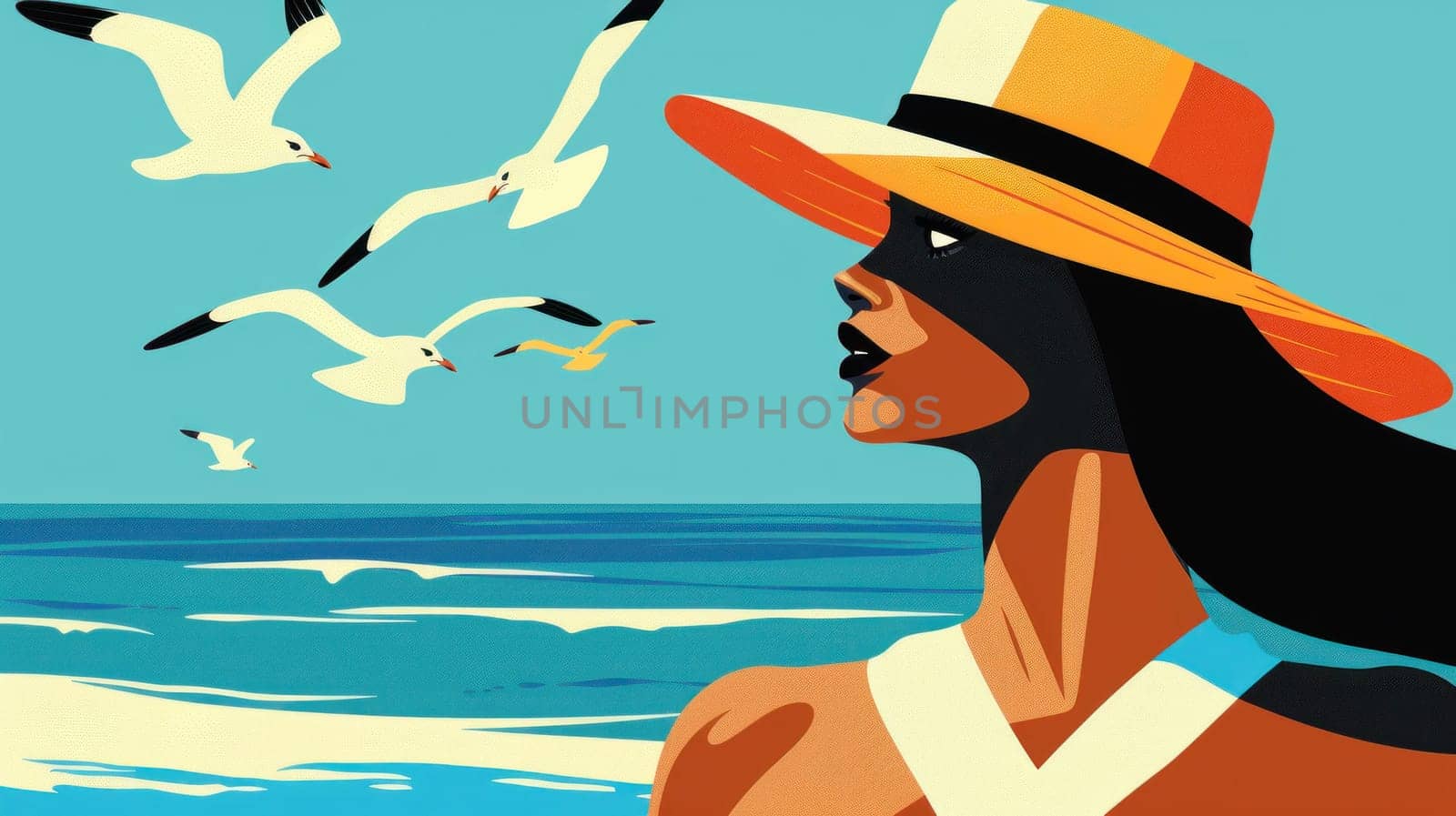 Woman with hat watching seagulls flying over ocean in artistic travel poster with fashion and beauty elements