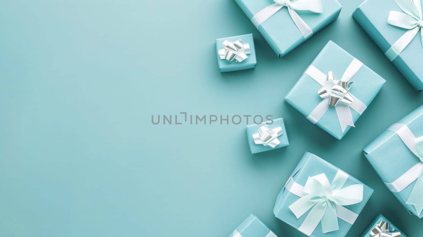 Many blue gift boxes with white bows for holiday celebration and special occasions