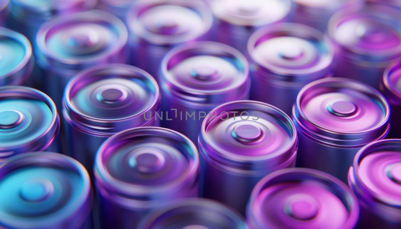 Group of purple and blue batteries in closeup shot for technology and energy concepts