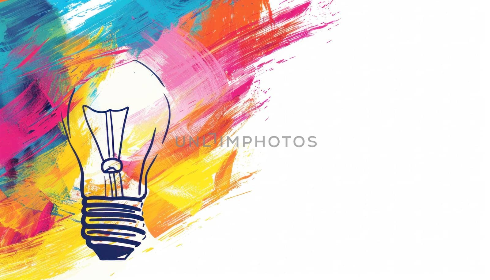 Abstract painting of a radiant lightbulb on white background with delicate paint splatters and swirls of color