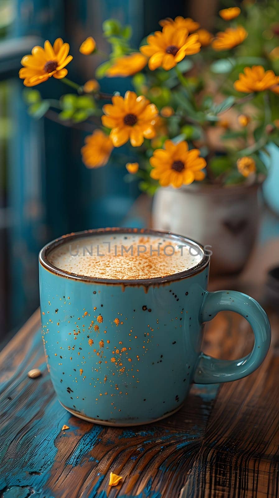 A cup of coffee is placed on a wooden table beside a vase of yellow flowers, creating a beautiful display of drinkware and plant decor